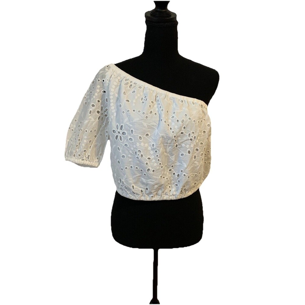 Banana Republic Factory Top Petite Small One Shoulder Eyelet White Cropped